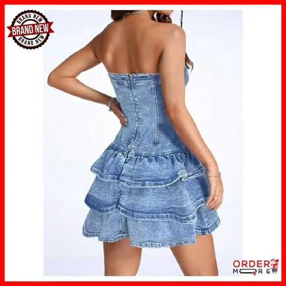 Strapless Denim Mini Dress with Layered Ruffles Slim Fit - Picture 3 of 7